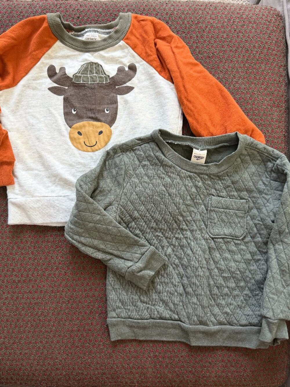 Carter's + OshKosh 2T Fall Sweatshirts Lot of 2 Moose Raglan Sage Quilted